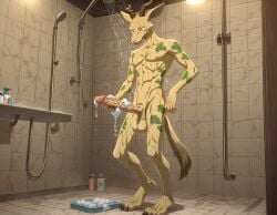 ai_generated anthro_only bathroom beastars big_penis gazelle huge_cock leopard male_only masturbation melon_(beastars) penis