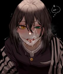 1boy black_background black_hair blush cum cum_in_mouth cum_inside cum_on_face cum_on_tongue cumshot demon_slayer facial_scar femboy fully_clothed girly glasgow_smile hair_between_eyes half151515 haori heterochromia iguro_obanai kimetsu_no_yaiba looking_at_viewer male male_only open_mouth scar solo sweat tongue_out uniform upper_body