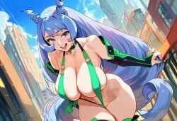 2d ai_generated big_breasts bikini blue_hair female female_focus female_only gloves hadou_nejire long_hair my_hero_academia nejire_hado outdoors sling_bikini solo solo_female solo_focus swimsuit tagme