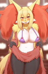 2022 3_fingers anthro big_breasts bikini bikini_top black_body black_fur blep blonde_hair blush breasts brown_body brown_fur canid canine cheek_tuft cleavage clothed clothing cute_fangs delphox facial_tuft female fingers fluffy fur hair hi_res horokusa0519 inner_ear_fluff kemono looking_at_viewer mammal multicolored_body multicolored_fur navel nintendo nipple_outline pokémon_(species) pokemon portrait red_body red_eyes red_fur red_nose solo swimwear three-quarter_portrait tongue tongue_out translated_description tuft video_games white_body white_fur yellow_body yellow_fur