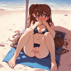 ai_generated amamiya_momona beach black_bikini blue_eyes blush blush brown_hair covering_mouth embarrassed long_brown_hair ocean pussy pussy_exposed red_hair_ribbon resort_boin shy tagme under_umbrella