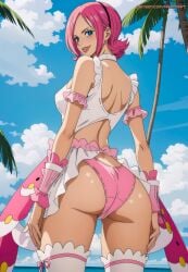 1girls ai_generated aikenoart ass_focus beach blue_eyes breasts buildings cherry_blossom_tree clothed clothing female female_only looking_at_viewer neckwear nipples nude_female one_piece pink_hair reiju solo toei_animation trees vinsmoke_reiju