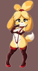 absurdres aladeen animal_crossing anthro armwear bikini breasts canid canine canis collar domestic_dog elbow_gloves eliozdherion female furry gloves hand_under_breast handwear high_heels highres isabelle_(animal_crossing) large_breasts looking_at_viewer mammal nintendo simple_background sling_bikini smile solo swimwear thighhighs