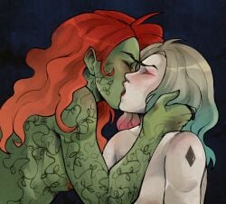 2girls batman_(series) blonde_hair canon_couple harley_quinn lesbian_couple lesbian_kiss poison_ivy red_hair