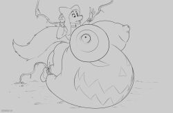 absurd_res anthro belly belly_expansion bondage bound breast_expansion breasts canid canine disney expansion female fox halloween hi_res holidays inflation maid_marian mammal monochrome nipples pumpkin_belly robin_hood_(disney) schwoo solo tagme veil vines