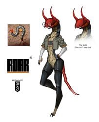 belly_button bug_girl centipede chitin chitin_armor clawed_feet clawed_fingers claws claws_in_mouth exposed_pussy glasses gloves insect_girl jacket jacket_open mgecko117 reference_image skinny skinny_girl tail tiny_eyes white_background white_glove white_gloves