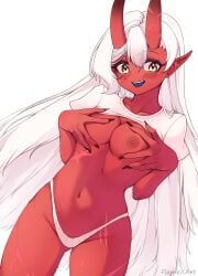 akumi artist_name blush breast_grab breast_lift breasts colored_skin female grabbing grabbing_own_breast hair_between_eyes horns long_hair looking_at_viewer navel nipples oni oni_horns panties pointy_ears red_oni red_skin self_fondle shirt signature simple_background smile solo virtual_youtuber vyugen