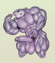 anthro balls big_balls big_muscles big_penis bodily_fluids body_hair clenched_teeth dripping erection fish flexing genital_fluids genitals huge_muscles humanoid_genitalia humanoid_penis hyper hyper_muscles male marine muscular muscular_male nude penis precum precum_drip pubes ripped-saurian shark simple_background solo sweat teeth uneven_balls