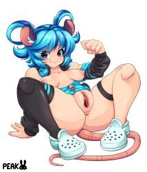 areola ass big_vulva blue_clothing blue_hair blue_headphones blue_jacket blue_topwear breasts butt_from_the_front clitoral_hood clitoris clothing crocs exposed_breasts eyebrow_through_hair eyebrows female footwear gaping gaping_vagina genitals hair hand_on_ground hi_res humanoid jacket legband legwear light_body light_skin looking_at_viewer mammal mouse mouse_ears murid murine nails nipples paw_pose peakedcomedy_(artist) pose presenting presenting_vulva purple_eyes rat_tail rodent sinikka_(peakedcomedy) sitting sitting_on_ground solo tail thigh_highs topwear translucent translucent_hair vulva wet_butt