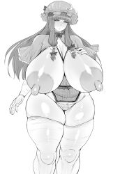 ass big_areolae big_ass big_butt big_nipples breasts breasts_bigger_than_head curvy_body curvy_female curvy_figure embarrassed erect_nipples female hand_on_breast headgear huge_breasts innocent long_nipples looking_at_viewer monochrome mostly_nude nipples no_bra no_panties patchouli_knowledge ponkotsuu shy simple_background thick_thighs thigh_highs thighhighs touhou venus_body white_background