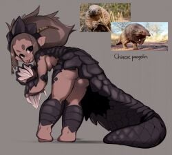 animal_humanoid armor bottomwear breasts brown_body brown_scales clothing dark_body dark_hair dark_skin fangs female female_humanoid fingers headgear headwear humanoid humanoid_pointy_ears looking_at_viewer mammal mammal_humanoid nude pangolin pangolin_humanoid pointy_ears rinkae scales simple_background solo tail teeth tongue