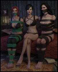 3d 3girls black_bra black_hair black_panties bondage bound bound_arms bound_legs bra female_only fringilla_vigo gag gagged multiple_girls panties red_hair tape_bondage tape_gag the_witcher_(series) triss_merigold underwear yennefer