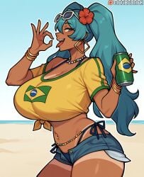 ai_generated aqua_hair beach bikini bikini_tan bikini_under_clothes blue_eyes bracelet brazil brazilian brazilian_female brazilian_flag brazilian_miku breasts can cleavage crop_top dark-skinned_female dark_skin denim denim_shorts earrings eyewear_on_head fellatio_gesture female flower hair_flower hair_ornament hatsune_miku hibiscus holding holding_can hoop_earrings huge_breasts jewelry long_hair looking_at_viewer megasonek midriff navel navel_piercing necklace open_mouth patreon_logo patreon_username piercing shirt short_shorts shorts side-tie_bikini_bottom smile solo sunglasses swimsuit tan tanlines thighs tied_shirt tongue tongue_out twintails vocaloid watermark