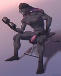 2025 5_toes abs anthro artist_name balls biceps biped black_body black_fur black_hair claws colored exercise feet fingers flaccid foreskin front_view full-length_portrait fur genitals glans hair hi_res holding_dumbbell humanoid_feet humanoid_genitalia humanoid_hands humanoid_penis lagomorph leporid looking_at_viewer male mammal muscular muscular_anthro muscular_male nude_anthro nude_male orange_eyes partially_retracted_foreskin pecs penis plantigrade portrait pose rabbit rager-ermare shaded shadow short_hair simple_background sitting smile solo teeth text toe_claws toes weight_bench weightlifting workout