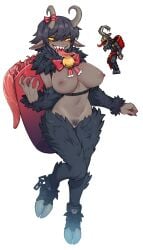 bar_censor bell black_hair black_pubic_hair blush body_fur bow bowtie breasts brown_horns censored chains commentary_request cuffs dark-skinned_female dark_skin female female_pubic_hair full_body goat_girl highres hooves horizontal_pupils horns jingle_bell korean_commentary krampus_(terraria) large_breasts long_tongue looking_at_viewer monster_girl navel neck_bell nipples nude nyong_nyong paid_reward_available personification pubic_hair pussy red_bow red_bowtie reference_inset sack satyr sharp_teeth short_hair simple_background solo teeth terraria tongue tongue_out white_background yellow_eyes