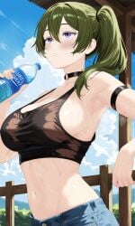 absurdres alternate_costume arm_strap black_choker black_sports_bra blue_sky blush bottle breasts choker cleavage cloud collarbone commentary contemporary day denim double-parted_bangs english_commentary english_text female fence green_hair hair_between_eyes hair_over_shoulder hair_tie highres holding holding_bottle hot large_breasts lewd_chan long_bangs long_hair navel no_shirt o-ring o-ring_choker outdoors parted_lips purple_eyes side_ponytail sideboob sky solo sousou_no_frieren sports_bra stomach sweat ubel_(sousou_no_frieren) upper_body very_sweaty water water_bottle wet wet_clothes wet_sports_bra wooden_fence