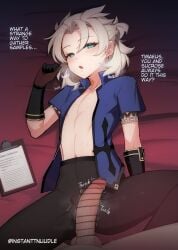 2boys albedo_(genshin_impact) androgynous aqua_eyes bangs bar_censor bed_sheet black_gloves blue_shirt breath bulge censored clipboard collarbone collared_shirt covered_nipples english_text erection feet_out_of_frame genshin_impact gloves grey_hair hand_up heavy_breathing instanttnoodle large_penis looking_at_viewer lying male_focus medium_hair multiple_boys navel on_back open_clothes open_mouth open_shirt otoko_no_ko out_of_frame pantyhose penis shadow shirt short_sleeves sidelocks thighs timaeus_(genshin_impact) toned toned_male trembling twink twitter_username yaoi