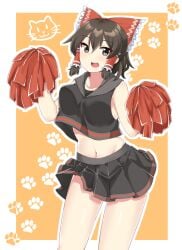 :3 adapted_costume black_eyes black_shirt black_skirt blush border bow breasts brown_hair cheerleader commentary_request cookie_(touhou) cowboy_shot crop_top feline female frilled_bow frills gnzy hair_between_eyes hair_tubes hairbow hakurei_reimu highres holding holding_pom_poms looking_at_viewer maru_(cookie) medium_breasts midriff miniskirt navel open_mouth orange_background outside_border paw_print paw_print_background pom_pom_(cheerleading) pom_poms red_bow shirt short_hair skirt solo teeth touhou upper_teeth_only white_border