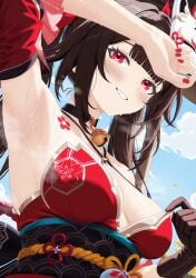 absurdres arm_up armpits bell black_choker black_gloves black_hair black_sash blue_sky breasts choker commentary detached_sleeves english_commentary flower_tattoo fox_mask from_below gloves highres honkai:_star_rail honkai_(series) japanese_clothes jingle_bell kimono lewd_chan long_hair mask mask_on_head medium_breasts neck_bell obi obiage obijime red_eyes red_kimono sash single_glove sky smile solo sparkle_(honkai:_star_rail) sweat tattoo teeth twintails upper_body