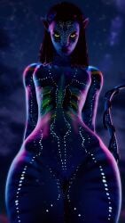 3d absurd_res aceskywalkin alien alien_humanoid areola blue_body breasts digital_media_(artwork) female genitals glowing glowing_markings hi_res humanoid james_cameron&#039;s_avatar looking_at_viewer low-angle_view markings na&#039;vi neytiri nipples nude pussy small_breasts small_waist solo striped_body stripes thick_thighs wide_hips