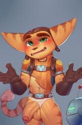 absurd_res anthro aviator_cap balls big_ears big_penis blush clank_(ratchet_and_clank) clothing clothing_aside cydonia_xia duo embarrassed foreskin gay genitals gloves green_eyes handwear hi_res humanoid_genitalia lombax male male_only mammal penis penis_through_fly ratchet_(ratchet_and_clank) ratchet_and_clank shrug solo sony_corporation sony_interactive_entertainment torn_clothing underwear underwear_aside vein veiny_penis video_games