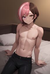 1boy abs absurd_res ai_generated bedroom bedroom_eyes bulge bulge_through_clothing heterochromia jonnyjonn male male_only masculine neo_(rwby) penis_bulge rule_63 rwby solo toned topless topless_male wanting_sex