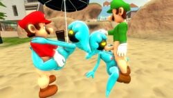 2boys 2girls 3d 3d_(artwork) beach blazikenpwnsyou blowjob blue_body bottomless bottomless_male breasts brown_hair carrying carrying_partner clothing erection facial_hair female gigi_(mario) gloves green_hat green_shirt hand_on_head hat human human_on_humanoid humanoid humanoid_on_humanoid interspecies jellyfish jellyfish_humanoid jellyfish_sisters light-skinned_male light_skin luigi male male/female mario mario_(series) mario_and_luigi:_superstar_saga mario_and_luigi_(series) merri_(mario) nintendo nude nude_female nude_female_clothed_male oral oral_sex outdoors penis penis_in_mouth penis_in_pussy red_hat red_shirt sex sfm source_filmmaker straight straight_sex white_gloves