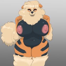 2022 absurd_res anselme anthro anthrofied arcanine areola big_breasts black_nose breasts brown_eyes canid canine curvy_figure digital_media_(artwork) fangs female fluffy fluffy_tail hair hi_res huge_breasts looking_at_viewer mammal nintendo nipples nude pokémorph pokemon pokemon_(species) simple_background solo thick_thighs video_games wide_hips