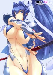 1girls big_breasts bikini blue_eyes blue_hair breasts curvaceous curvy curvy_body curvy_female curvy_figure female female_focus female_only haganef huge_breasts large_breasts long_hair micro_bikini mitsurugi_meiya muv-luv ponytail slim_waist sling_bikini solo solo_focus voluptuous