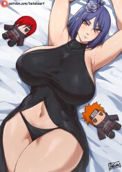 1girls akatsuki_(naruto) armpits arms_up batako big_breasts black_dress black_panties blue_hair bottomless breasts breasts_bigger_than_head eyeshadow female female_only flower flower_in_hair hair_ornament half-dressed hourglass_figure huge_breasts konan legs_together light-skinned_female light_skin lipstick long_hair looking_at_viewer lying lying_down lying_on_back lying_on_bed makeup midriff nagato naruto naruto_(series) naruto_shippuden no_bra no_pants on_back on_bed orange_eyes orange_hair panties partially_clothed pink_lips red_hair sleeveless sleeveless_dress solo solo_female solo_focus stuffed_toy thick_thighs underwear voluptuous wide_hips yahiko