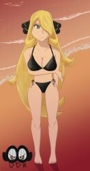 1girls bikini bikini_bottom bikini_bottom_only bikini_only bikini_top bikini_top_only black_bikini black_bikini_bottom black_bikini_only black_bikini_top blonde_hair breasts cynthia_(pokemon) female female_only female_solo game_freak nintendo one_eye_covered pokemon pokemon_dppt solo solo_female solo_only standing