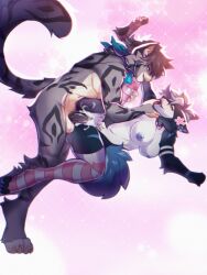 accessory anthro balls bodily_fluids breasts canid canine canis clothing cum domestic_dog duo ejaculation felid feline female flower flower_in_hair gakawolfe genital_fluids genitals hair hair_accessory humanoid_genitalia humanoid_penis husky kerchief legwear male male/female mammal neck_grab nordic_sled_dog pantherine penis plant smile snow_leopard spitz tail thigh_highs tongue tongue_out vikohusky vulva