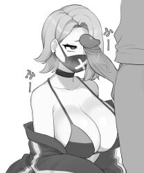 1boy bikini bikini_top_only blue_archive breasts choker cleavage collarbone earrings erection female greyscale heart heart-shaped_pupils highres huge_breasts jewelry jorin looking_at_penis mask monochrome mouth_mask off_shoulder penis seaside_sukeban_(mg)_(blue_archive) short_hair simple_background solo_focus straight stud_earrings swimsuit symbol-shaped_pupils uncensored white_background