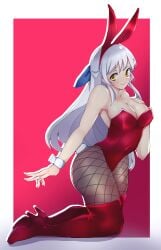 1340smile 1girls alternate_costume boots bunny_ears bunny_girl bunnysuit female female_only fire_emblem fire_emblem:_radiant_dawn fishnet_legwear fishnets gold_eyes high_heels long_hair micaiah_(fire_emblem) nintendo spread_legs thigh_boots white_hair yellow_eyes