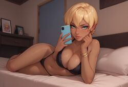 1female bed bedroom big_breasts big_breasts big_breasts bikini black_body blonde_hair bra female female female_only topless