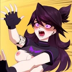 ai_generated arm_tattoo breasts breasts_exposed brown_hair fingernails gloves jaiden jaiden_(vtuber) jaiden_animations nipples open_mouth purple_eyes ripped_clothing tagme tattoo tattoo_on_arm youtube youtuber