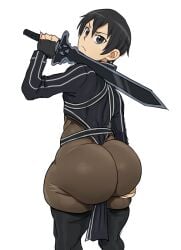 1boy ass big_ass big_ass_(male) big_butt black_hair bottom_heavy bottom_heavy_femboy bottom_heavy_male clothed detnox eye_contact femboy femboy_only huge_ass huge_butt kirito light-skinned_male light_skin looking_at_viewer looking_back male male_only solo solo_male standing sword_art_online white_background white_body