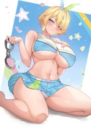 absurdres aged_up big big_boobs big_breast big_tits blonde_hair blue_eyes blue_skirt blush breasts cheerleader closed_mouth crop_top cuffs deogho_(liujinzy9854) female girls'_frontline girls'_frontline_2:_exilium grey_panties handcuffs highres holding holding_handcuffs huge_breasts large_breasts linea_alba looking_at_viewer microskirt mole mole_under_eye navel nikketa_(girls'_frontline_2) panties short_hair skirt solo stomach thighs underwear vsk-94_(dance_like_the_blazing_sun)_(girls'_frontline) vsk-94_(girls'_frontline) white_panties