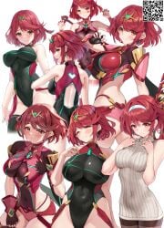 1girls absurdres ass bare_shoulders black_one-piece_swimsuit black_pantyhose black_thighhighs blush breasts chest_jewel claw_pose competition_swimsuit core_crystal_(xenoblade) covered_nipples cowboy_shot female from_behind highres large_breasts matrix16 multiple_views one-piece_swimsuit pantyhose pyra pyra_(pro_swimmer)_(xenoblade) pyra_(xenoblade) qr_code red_eyes red_hair red_one-piece_swimsuit red_shorts short_hair shorts simple_background sweater swimsuit thighhighs tiara white_background white_sweater xenoblade_(series) xenoblade_chronicles_(series) xenoblade_chronicles_2