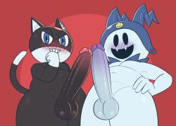 2boys anthro anthro_on_anthro anthro_only anthrofied atlus balls black_body black_ears black_eyes black_face black_skin black_tail blue_eyes blush blush_lines blushed chubby chubby_anthro chubby_male duo duo_focus erect erect_penis erection felid feline felis gemsum half-closed_eyes hands-free hat horn horns hyper hyper_penis jack_frost_(megami_tensei) large_penis long_penis long_tail male male/male male_focus male_only megami_tensei morgana_(persona) multicolored multicolored_ears multicolored_penis multicolored_tail naked naked_male nude nude_male open_smile penis persona persona_5 presenting presenting_balls presenting_penis presenting_testicles purple_penis sharp_teeth smile smiley_face smiling smiling_at_viewer smirk sweat sweaty sweaty_balls sweaty_penis teeth testicles two_tone_ears two_tone_face two_tone_penis two_tone_tail video_games white_body white_ears white_face white_penis white_skin white_tail