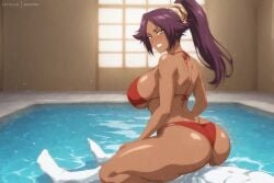 1boy1girl ai_generated aimhoen artist_name big_ass big_breasts bleach blush colored dark-skinned_female dark_skin detailed_background female_on_top interracial light-skinned_male light_skin long_hair looking_down male/female patreon ponytail pool purple_hair red_bra red_panties reverse_cowgirl_position shihouin_yoruichi shiny_skin sitting_on_person smile teeth thick_thighs uncensored unseen_male_face voluptuous voluptuous_female water wet_skin white_skin window yellow_eyes