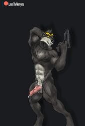 1boy anthro canid canine canine_penis canis dire_(fortnite) epic_games fortnite gun handgun hi_res knot knotted_penis lancethewereyena male male/male male_only mammal muscular muscular_male pinup pose precum smile solo video_games weapon were werecanid werecanine werewolf wolf yellow_eyes