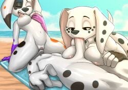 101_dalmatian_street 101_dalmatians 2022 4_fingers anthro anthro_on_anthro areola beach breasts brother brother_and_sister canid canine canis closed_eyes cunnilingus da_vinci_(101_dalmatians) dalmatian diacordst disney dolly_(101_dalmatians) domestic_dog dylan_(101_dalmatians) fellatio female fingers genitals group group_sex hand_on_breast hi_res incest lying male male/female mammal nipples on_back open_mouth oral penile penis seaside sex sibling sister threesome unseen_male_face vaginal_penetration