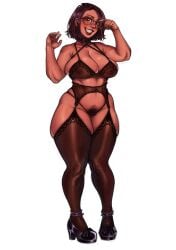 1girls big_breasts blush bra brown_eyes brown_hair cleavage dark-skinned_female dark_skin female garter_belt garter_straps glasses grin high_heels nervous_smile pubic_hair tendocake thick_thighs thighhighs thong