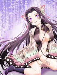 areola_slip big_breasts black_hair blush bottomless butterfly_hair_ornament cleavage dark_hair demon_slayer female female_only haori hi_res kimetsu_no_yaiba kingliliot kochou_kanae long_hair nipple_bulge no_bra no_panties open_shirt purple_eyes purple_hair sitting socks solo uniform very_long_hair wariza wisteria_(flower)