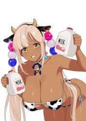 1girls bent_over big_breasts cleavage cow_ears cow_horns cowkini danimocles dark-skinned_female female hair_ornament hanging_breasts headband hololive hololive_english hololive_english_-council- large_breasts looking_at_viewer milk plain_background smiling tagme tsukumo_sana virtual_youtuber