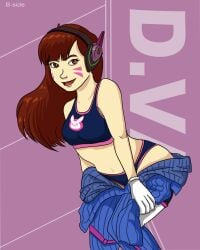 1girls brown_eyes brown_hair d.va female female_only female_solo gloves headphones open_mouth overwatch pantyshot pinup pinup_pose solo solo_female solo_only sports_bra sports_panties