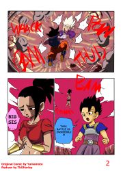 alien aura battle belly black_eyes black_hair blonde_hair blue_eyes brown_skin cabba caulifla colored colour coloured comic dinosaur dragon_ball dragon_ball_super dragon_ball_z female fight fit fit_female goku kale muscles saiyan saiyan_female skinny son_goku stomach super_saiyan tkoharley torn_clothes yamamoto_doujin