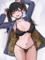1girls :d absurdres arms_up black_bow black_bra black_choker black_hair black_jacket black_panties blunt_bangs blush bow bow_panties bra breasts brown_eyes choker collarbone commentary cowboy_shot earbuds earphones earrings english_commentary female fiftya floral_print goddess_of_victory:_nikke gradient_background grey_background groin half-closed_eyes highres jacket jewelry large_breasts long_hair long_sleeves looking_at_viewer lying micro_panties mole mole_under_eye navel no_pants oerba_yun_fang on_back open_clothes open_jacket open_mouth paid_reward_available panties pendant_choker print_bra single_earphone single_earring smile snake_earrings solo sora_(nikke) stomach string_panties twintails two-tone_background underwear white_background