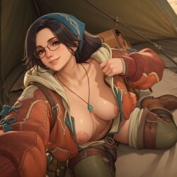 ai_generated alma_(monster_hunter_wilds) c.c.leah exposed_breasts glasses monster_hunter monster_hunter_wilds selfie topless